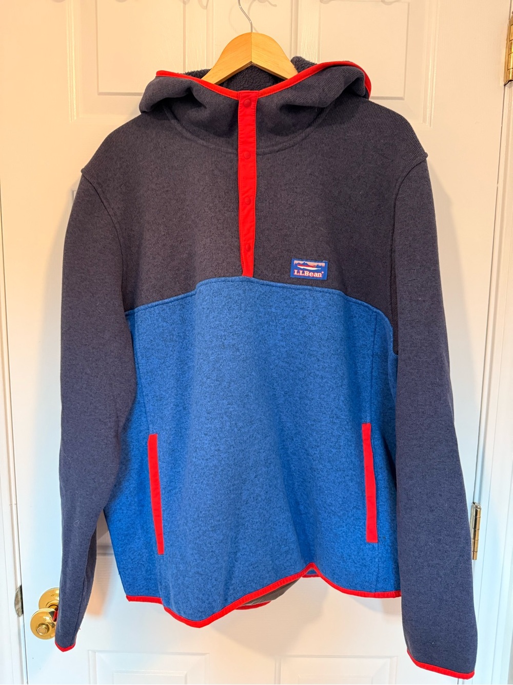 L.L.Bean Navy and Heather Blue Fleece Snap Hoodie with Red Trim